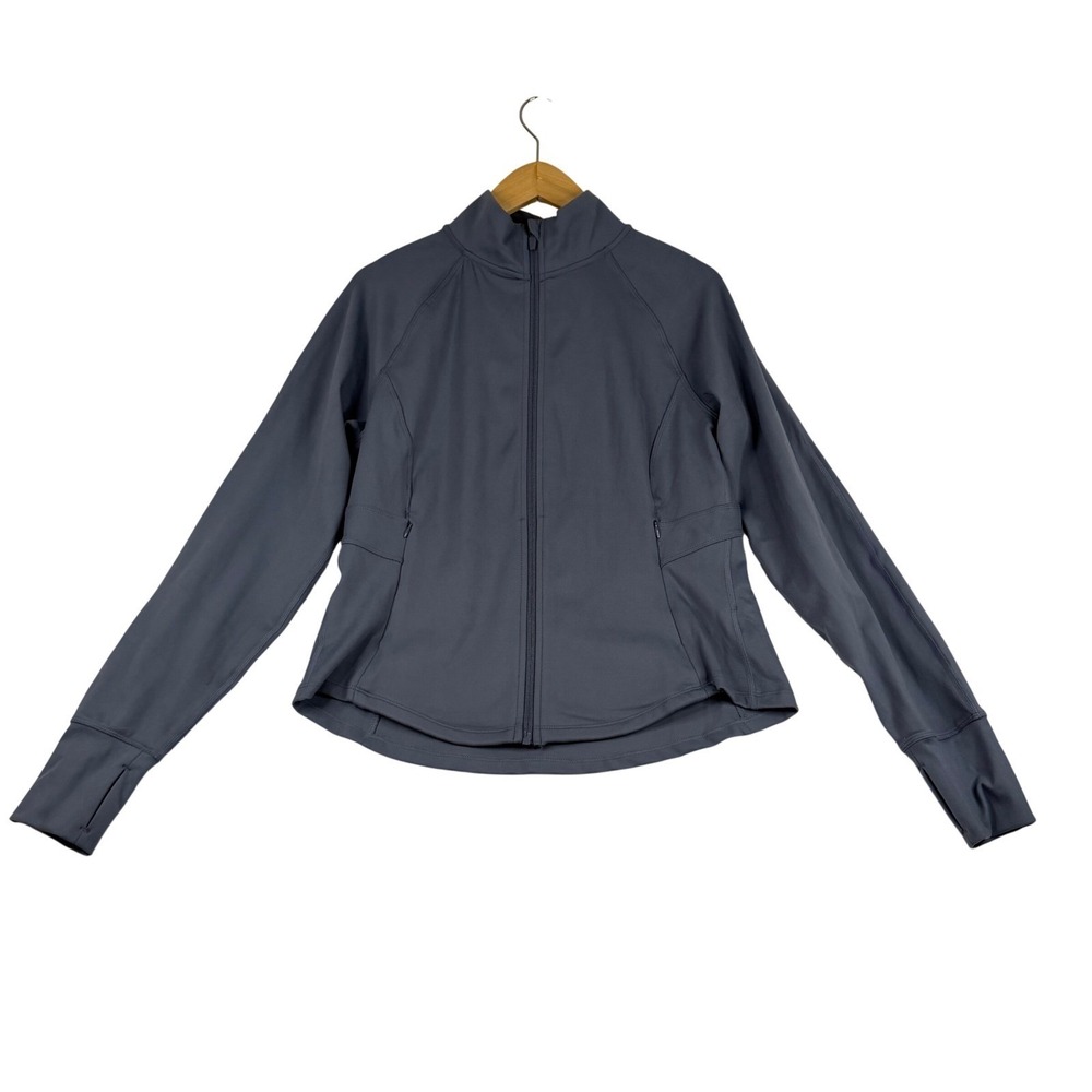 Jockey Womens Full Zip Athletic Jacket Slate Blue Mock Neck Thumbholes Size M